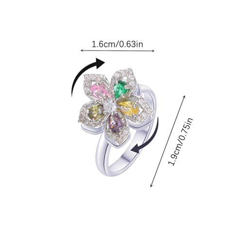 Sunflower Fidget Ring for Women Gold Anxiety Crystal Rings Cubic Zirconia Sunflower Open Adjustable Fidget Ring Spinner Sun Ring for Men Trendy Jewelry - color: Silver Colorful