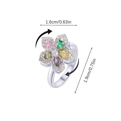 Sunflower Fidget Ring for Women Gold Anxiety Crystal Rings Cubic Zirconia Sunflower Open Adjustable Fidget Ring Spinner Sun Ring for Men Trendy Jewelry - color: Silver Colorful