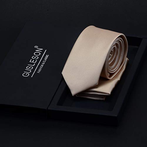 GUSLESON 2.4" Slim Necktie and Handkerchief Set For Men Solid Skinny Tie Set - color: Champagne