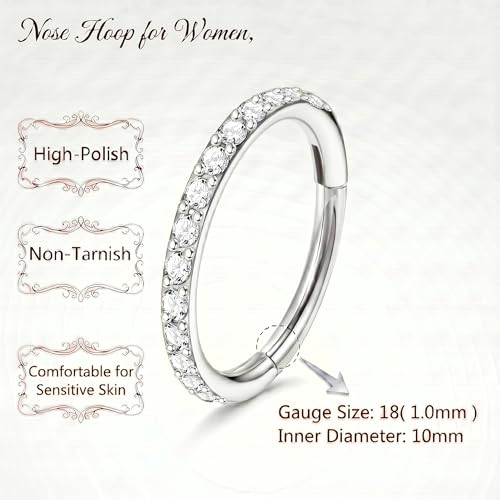 Staligue Nose Hoop ring - 316L Surgical Steel Nose Ring 16/18/20G Hinged Diamond Nose Ring Hoop Septum Clicker Rings Cartilage Earring Helix Rook Tragus Daith Piercing Jewelry for Women 6MM/8MM/10MM/12MM - color: Silver, size: 18G-10MM