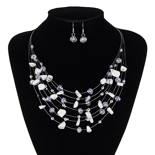 Multi-Layer Boho Shell Beaded Necklace for Women Colorful Crystal Strand with Silver Beads Statement Collars Necklace and Earrings Costumes Jewelry Sets for Women - color: 48-White