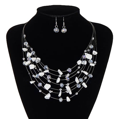 Multi-Layer Boho Shell Beaded Necklace for Women Colorful Crystal Strand with Silver Beads Statement Collars Necklace and Earrings Costumes Jewelry Sets for Women - color: 48-White