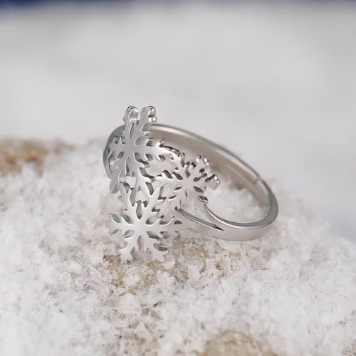 OIDIMS Xmas Snowflake Ring for Women Elegant Winter Flower Adjustable Open Band Rings Hypoallergenic Stainless Steel Christmas Holiday Wedding Engagement Prom Jewelry for Her Stocking Stuffer - color: Silver