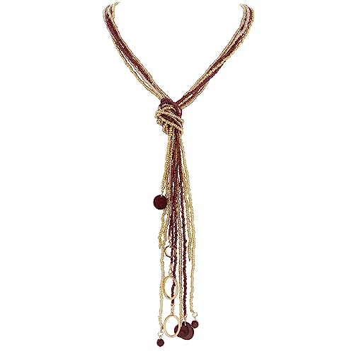 Coiris Long Seed Beaded Multi Strand Necklace,10 Multiple Statement Long Bib Necklace with Tie Knot for Women and Girls Jewelry - color: Brown