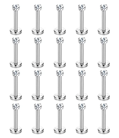 Helicopchain 20Pcs 16G Hypoallergenic Stainless Steel Lip Studs Labret Piercing With 3mm CZ Cartilage Tragus Helix Monroe Piercing Stud Jewelry 6mm 8mm 10mm - style: 10mm