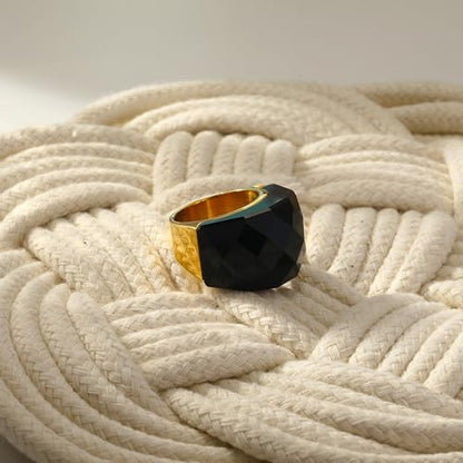 Crystal Glass Stainless Steel Band Ring Gold-Tone Plated Fashion Exaggerated Cubic Zirconia Rings Women's Stunning Large Statement Rhinestone Bands Cocktail Party Ring for Ladies Birthday - color: Black, size: 6