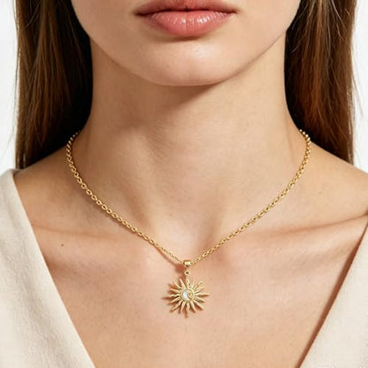 Gold Sun Moon Necklace for Women Crystal Sunburst Star Pendant Necklace Non Tarnish Trendy Elegant Jewelry Accessories