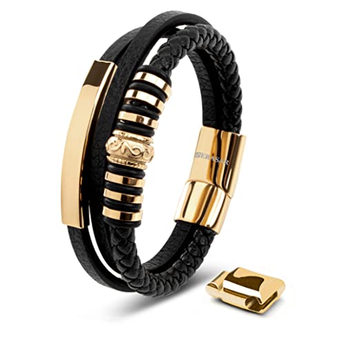 SERASAR Premium Leather Bracelet Men | Stainless Steel Magnetic Clasp | Three Colors | Jewelry Box Included - color: Gold, size: 8.97 Inches, style: Shine