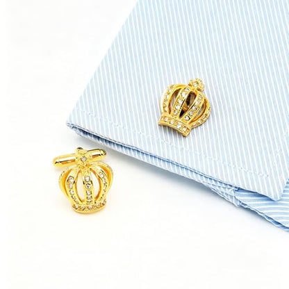 Golden Royal Crown Mens Cufflinks with Crystals In Gift Case | Novelty Style Cuff Links for Men Women Jewelry for Wedding Party Daily Office Formal or Casual Wear Business Tuxedo Dress