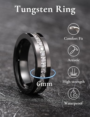 King Will Mens Tungsten Wedding Band with Cubic Zircon Inlay 7mm/8mm Flat Cut Comfort Fit Engagement Rings - color: Black&White-6mm-B