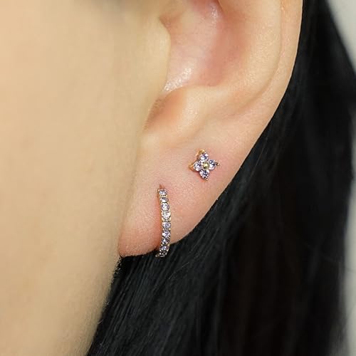 QueenBee 14K Gold Plated Ivy Flower Birthstone Stud Earrings for Women Dainty Floral Gemstone Studs Unique Jewelry Gift for Her - color: June - Alexandrite