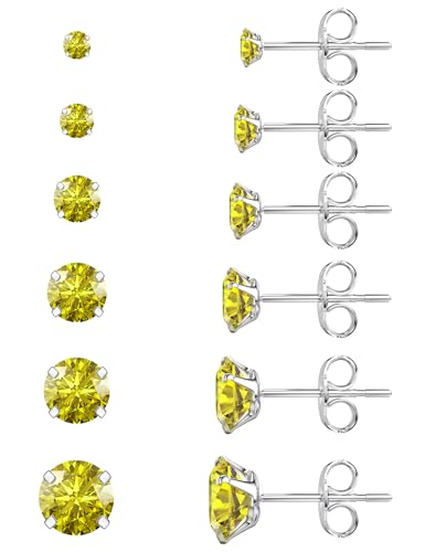 6 Pairs Stud Earrings Set, Hypoallergenic Cubic Zirconia 316L Earrings Stainless Steel CZ Earrings 3-8mm (Steel color) - color: A-004-Yellow