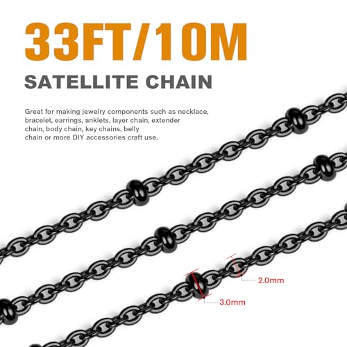 33FT 2mm Stainless Steel Gunmetal Satellite Chains Bulk for Jewelry Making | 304 Stainless Steel Black Ball Beaded Cable Links Chain Roll Spool for DIY Craft - color: Black Small Beads Satellite Cable Chain