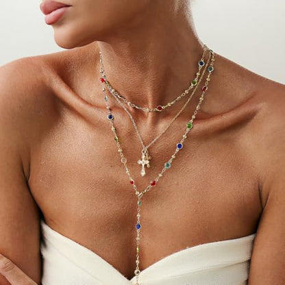 Layered Necklace for Women, Cross Pendant Y Necklace Set, 18K Gold Plated Dainty Stackable Jewelry Gift for Everyday Wear - style: 3PCS - D