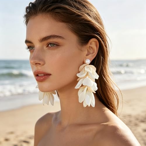 Handmade Bohemian Lightweight Fabric Flower Dangle Drop Earrings Chic Pearl Large Tassel Petal Stud Earrings For Women - color: Milky White