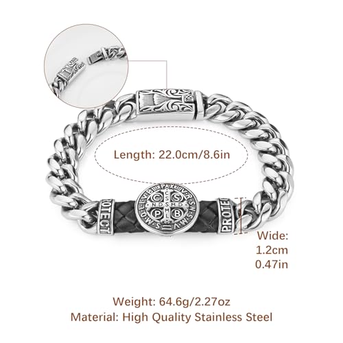 HZMAN 8.5Inch Cuban Link Bracelet for Men Silver Stainless Steel Heavy Biker Link Bracelet - color: St Benedict Cross