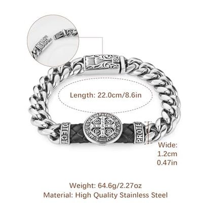 HZMAN 8.5Inch Cuban Link Bracelet for Men Silver Stainless Steel Heavy Biker Link Bracelet - color: St Benedict Cross
