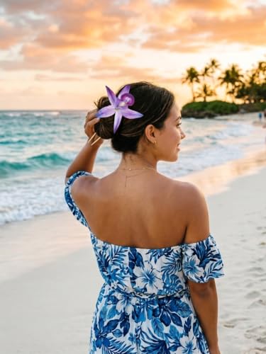 WELROG 3-Pcs Metal Hawaiian Orchid Hair Pins, Non-Slip Stick for Beach Updo | Tropical Flower Vibes,Weddings and Vacations - color: Purple+Pink+Green