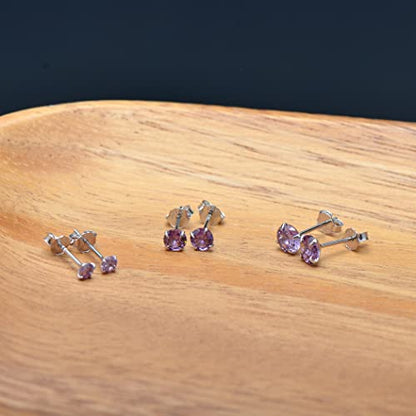 3 Pairs Color Zirconia Earrings Studs, Sterling Silver Studs Earrings Set 3MM 4MM 5MM - color: Purple