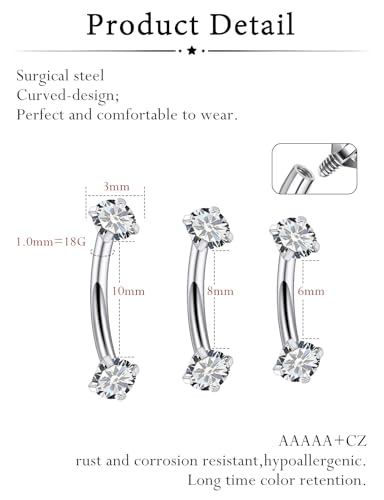 Oufksiyy 18G 16G Internal Thread Eyebrow & Rook Piercing Jewelry Surgical Steel Double Gem Eyebrow Piercings Rings Gold Silver Curved Barbell Eyebrow Ring Vertical Labret Lip Jewelry 6m 8mm 10mm - color: Silver: 18G curved barbell