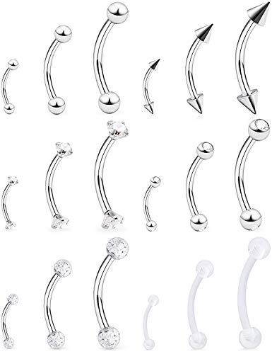 Lcolyoli 18pcs 16G Clear Bioflex Acrylic & Stainless Steel Eyebrow Barbell Rook Daith Earrings Belly Studs Cartilage Tragus Barbell Body Piercing Jewelry Retainer 6mm 8mm 10mm - color: A:18pcs/silver-tone