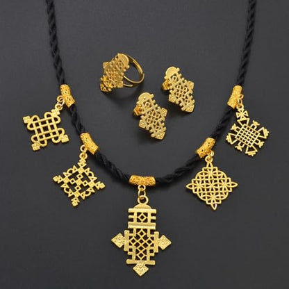 Ethiopian Traditional Jewelry | Eritrean Jewelry for Women Set | Ethiopian African Jewelry Wedding Sets Includes Cross Pendant Black Rope Earrings Ring Sets African Eritrean Religion - color: Gold Color