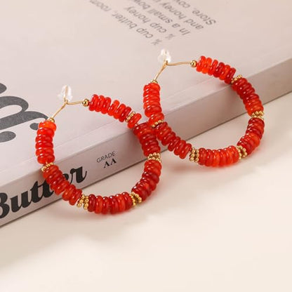 Wellike Beaded Hoop Earrings for Women Natural Stone Pink Gold Huggie Earrings Hypoallergenic Dainty Waterproof Trendy Jewelry - color: Red, size: 45mm