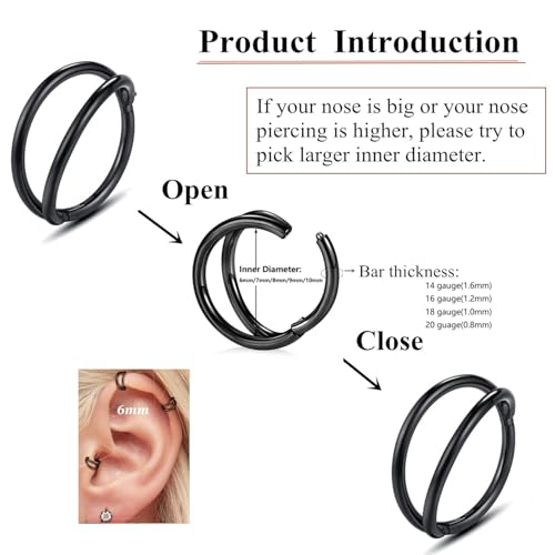 Nose Rings Hoops - 316L Surgical Steel Double Hoop Nose Rings Hinged Conch Piercing Jewelry Septum Lip Rings Cartilage Earring Helix Rook Tragus Daith - color: rainbow