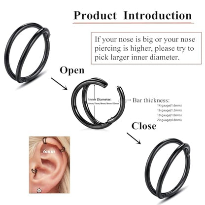 Nose Rings Hoops - 316L Surgical Steel Double Hoop Nose Rings Hinged Conch Piercing Jewelry Septum Lip Rings Cartilage Earring Helix Rook Tragus Daith - color: black-1