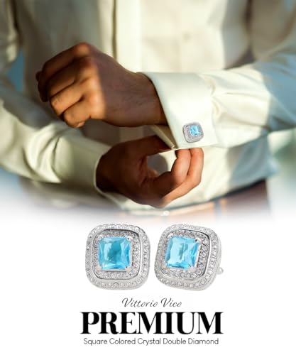Square Colored Crystal Double Diamond Set Cufflinks - color: Turquoise/Silver