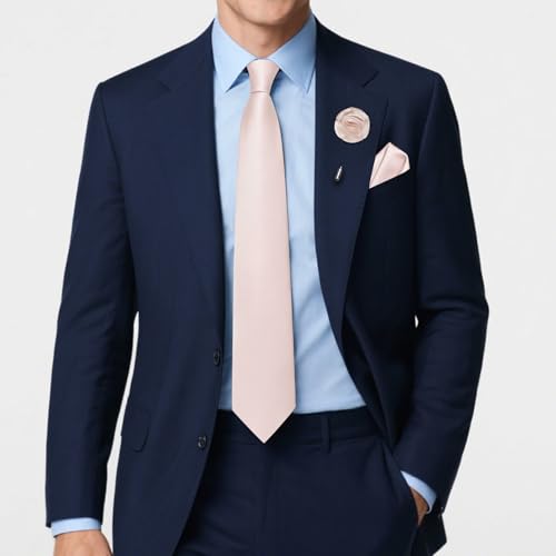 Solid Color Tie and Pocket Square with Tie Clip Lapel Pin Silk Formal Necktie Set Wedding Formal - color: Light Pink