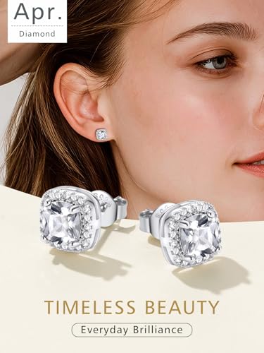 FindChic Birthstone Earrings for Women, Round/Heart/Square/Teardrop Earrings with 925 Sterling Silver Posts & Push Backs, Hypoallergenic Studs with Cubic Zirconia, 12 Months Jewelry with Gift Box - style: 04. April-Diamond (Square)
