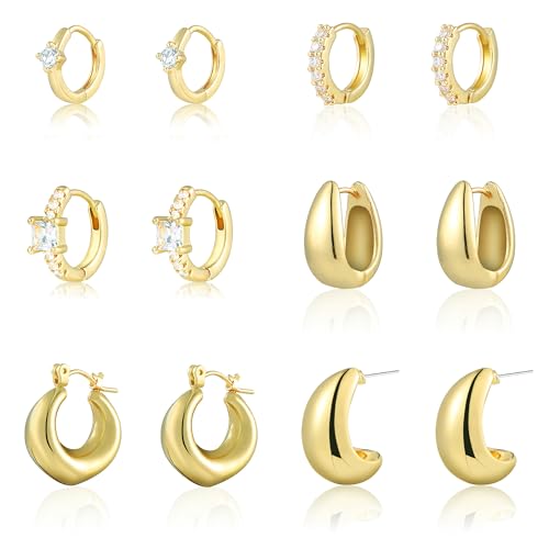 6 Pairs Gold Hoop Earrings for Women, 14K Gold Plated Huggie Hoop Earrings Set Hypoallergenic Lightweight Chunky Open Hoops Jewelry for Gift - color: Gold Earrings