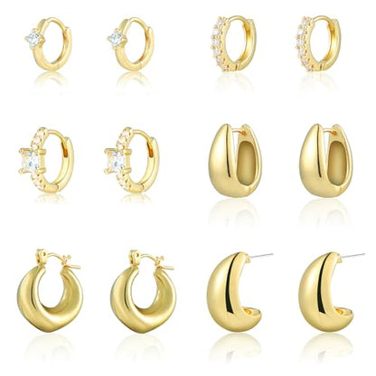 6 Pairs Gold Hoop Earrings for Women, 14K Gold Plated Huggie Hoop Earrings Set Hypoallergenic Lightweight Chunky Open Hoops Jewelry for Gift - color: Gold Earrings