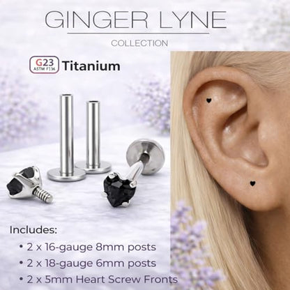 Titanium Heart CZ Labret Stud Earrings for Piercings by Ginger Lyne 6Pc Set G23 Screw Front Flat Back Body Jewelry 2 pair post 6mm, 8mm Cartilage, Helix, Tragus, Lip, Conch, Lobe - color: 3mm-Black