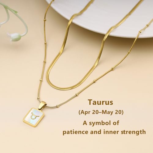 LETFLY Layered Zodiac Necklace for Women 18K Gold Natural Shell Pendant | Birthday Gifts for Women, Daily Wear, Hypoallergenic Material, Personalized Constellation Pendant, Adjustable, Snake Chain - style: Taurus