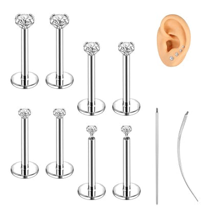 18G/16G Labret Jewelry Surgical Steel Internal Thread | CZ Stud, Lip Nose Piercing Studs, Flat Back, Medusa Monroe Lip Cartilage Earring, 2/2.5/3/4mm CZ - color: 18G,8mm-bar,2/2.5/3/4mm-CZ,Silver