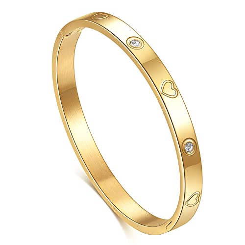 VQYSKO Love Friendship Bracelet Bangle Gold Rose Gold Silver with Cubic Zirconia Stones Stainless Steel Hinged Jewelry with Crystal Oval Bracelet Birthday Present for Her Women Teen Girls - style: 7 Inch-Heart-Golden