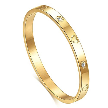 VQYSKO Love Friendship Bracelet Bangle Gold Rose Gold Silver with Cubic Zirconia Stones Stainless Steel Hinged Jewelry with Crystal Oval Bracelet Birthday Present for Her Women Teen Girls - style: 7 Inch-Heart-Golden
