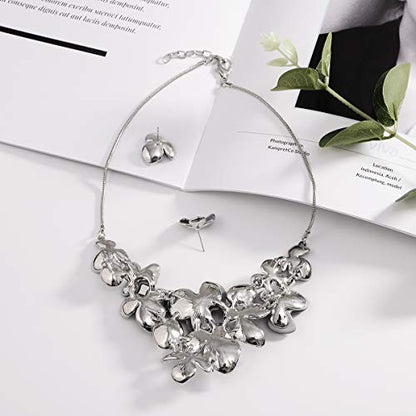 AMYJANE Vintage Statement Jewelry Set - Spring Leaf Flower Floral Plant Necklace Earring Set Crystal Rhinestone Fashion Costume Jewelry for Women Prom Party Unique Gift - style: meilian flower jewelry set grey