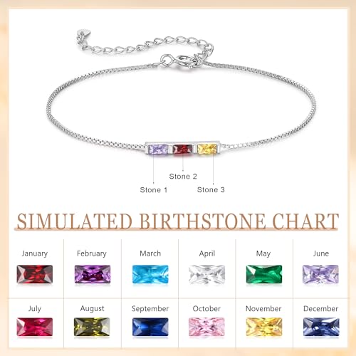 Sterling Silver Personalized 1-6 Birthstone Bracelet for Women Mothers Day Bracelet for Mom Daughter Custom Dainty Jewelry for Christmas Birthday Gift Ideas - style: Silver-3 stones