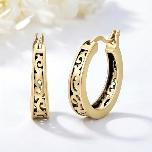 14K Gold Earrings for Women Gold Filigree/Celtic Huggie Earrings Jewelry Easter Mothers Day Gifts for Mom Girlfriend - style: Filigree-D