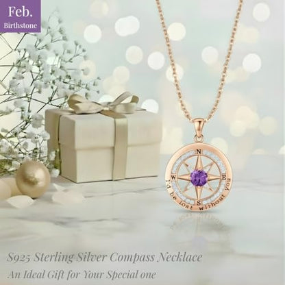 Compass Necklace for Women Wife Girlfriend Mom Daughter Gifts | S925 Silver Jewelry For Anniversary 18K Rose Gold Gifts For Birthday Christmas Mothers Valentines Day 12 Birthstones - style: 02-February-Rose Gold
