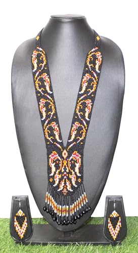 Long Beaded Necklace – Boho Native Handmade Seed Bead Tassel Necklace, Bohemian Large Statement Beaded Necklace for Women - color: Black-Light Orange