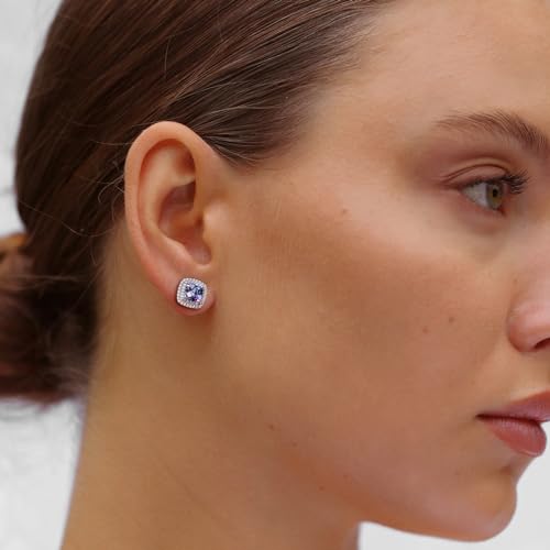 Dainty Birthstone Earrings for Women Sterling Silver Small Stud Earrings with Halo Cushion/Round Created Gemstone Earrings Birthstone Jewelry - style: A 06. Jun./created alexandrite-cushion cut