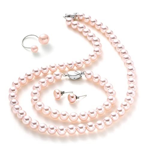 Pearl Jewelry Set for Women, Complete Set Includes Necklace, Bracelet, Earrings - Fashion Pearl Jewelry with Box for Wife, Mom, Sister, Bride, Bridesmaid - style: Pink Pearl Jewelry_4 Set