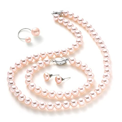 Pearl Jewelry Set for Women, Complete Set Includes Necklace, Bracelet, Earrings - Fashion Pearl Jewelry with Box for Wife, Mom, Sister, Bride, Bridesmaid - style: Pink Pearl Jewelry_4 Set
