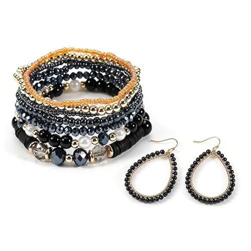 Bohemia Multilayer Stackable Beaded Bracelets Earrings Set Colorful Sparkly Crystal Beaded Stretch Bracelets Teardrop Earrings for Women Men Summer Beach Boho Vacation Jewelry - color: Black