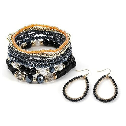 Bohemia Multilayer Stackable Beaded Bracelets Earrings Set Colorful Sparkly Crystal Beaded Stretch Bracelets Teardrop Earrings for Women Men Summer Beach Boho Vacation Jewelry - color: Black