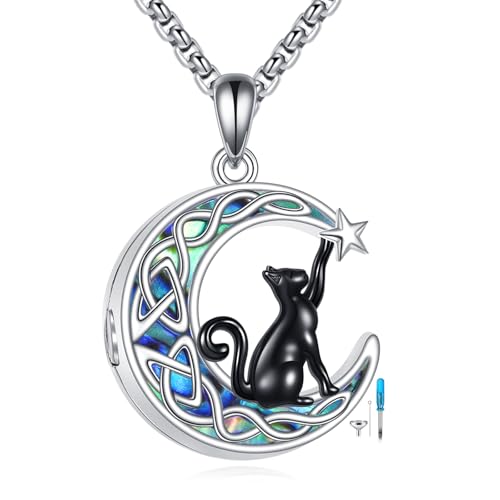 925 Sterling Silver Moon Black Cat Necklace for Women Cat Jewelry - style: Abalone Moon Cat Urn Necklace
